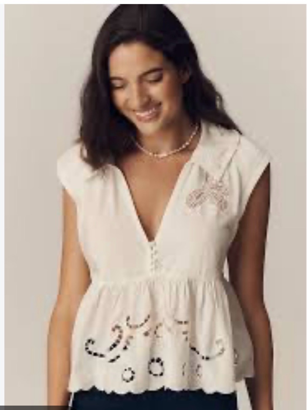 Anthropologie White Eyelet Peplum V‑Neck Sleeveless Top